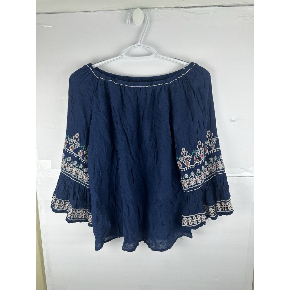 Max Studio Women's Off-Shoulder Boho Top Sz M Navy Embroidered Sleeve